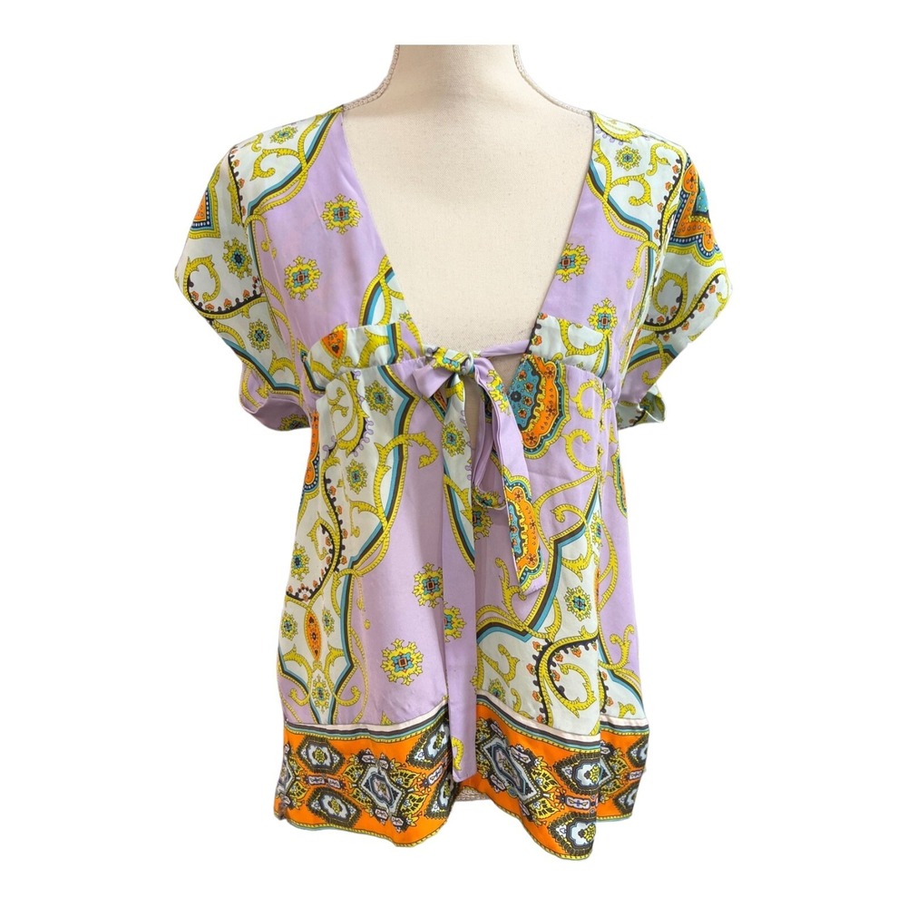 Alice &‎ Trixie  Silk Blouse Purple Orange Mixed Scroll Print Tie Bust Size XS